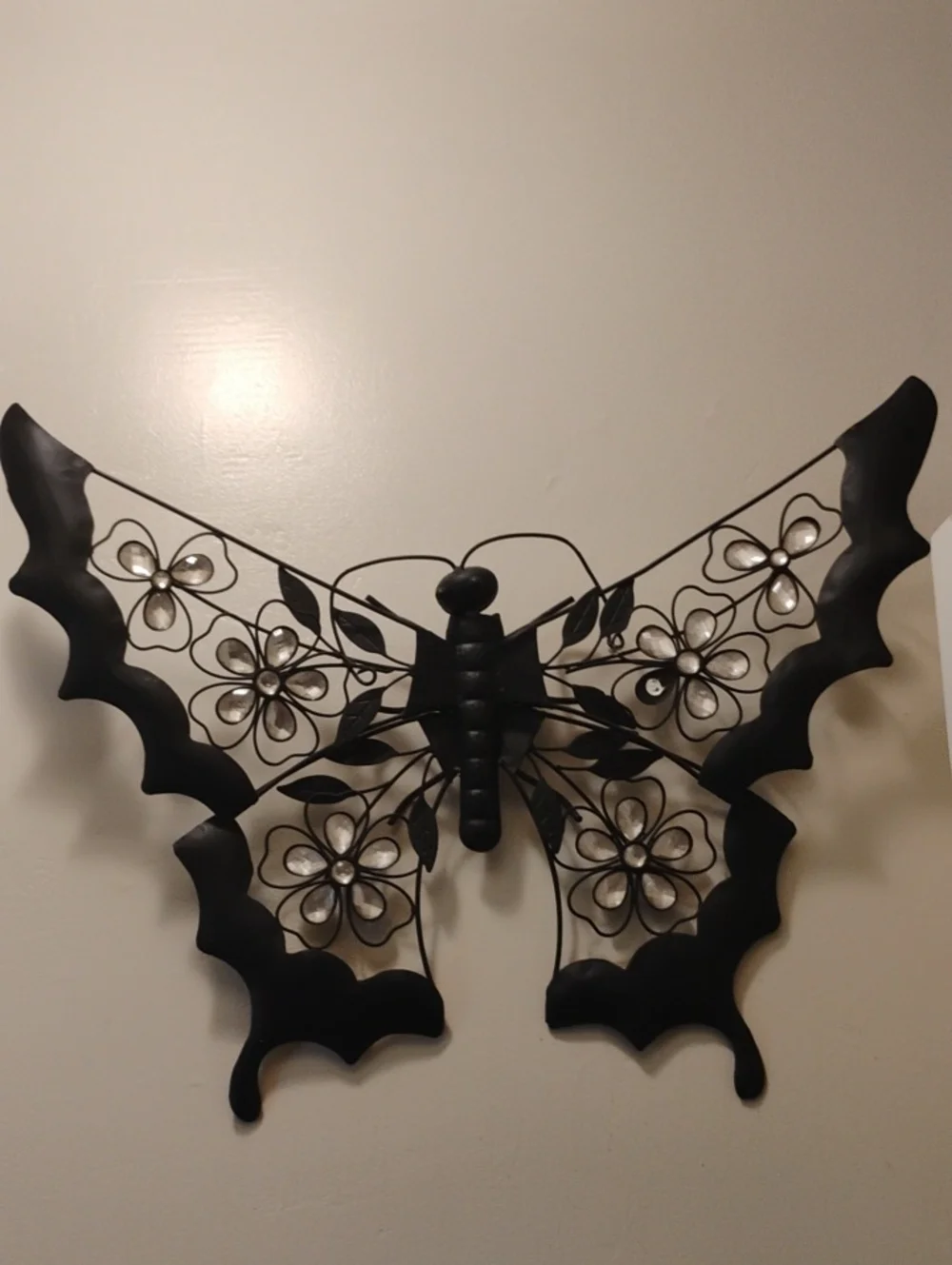 Black Butterfly Metal Wall Decor with Floral Accents